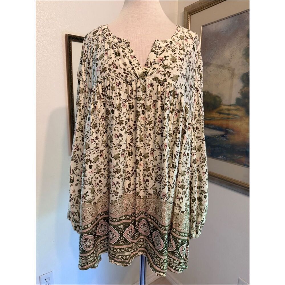 Sacred Threads Oversized Floral Peasant Tunic w/ Contrasting Pattern O/S